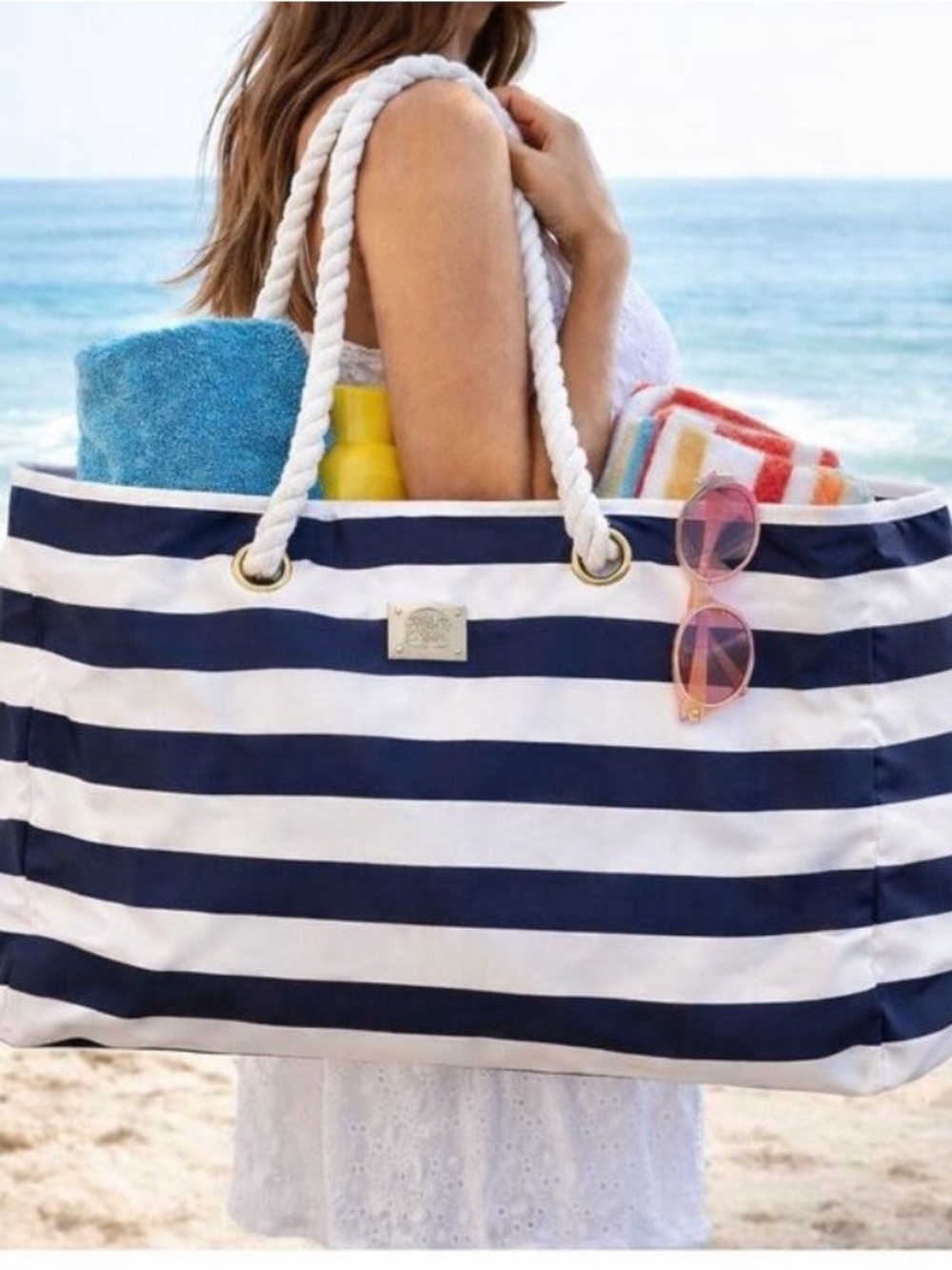 Navy and White Striped Rope-Handle Beach Tote WITH ZIPPER TOP Waterproof